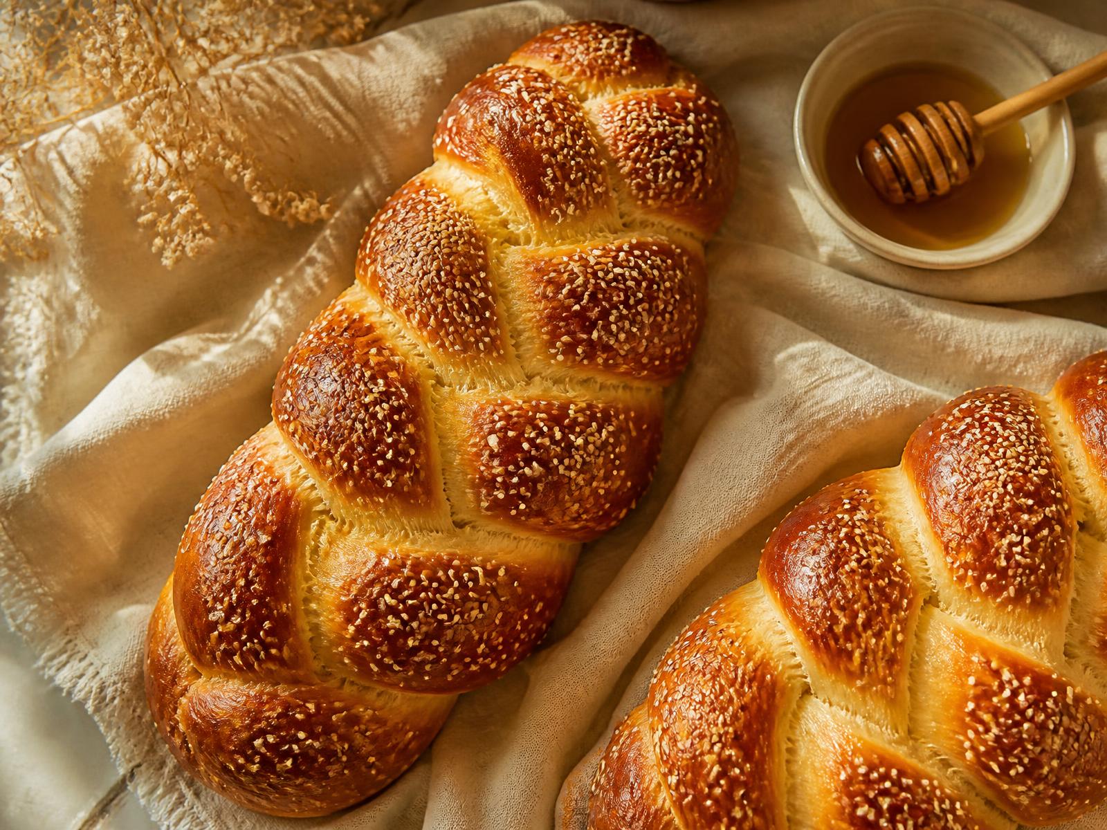 Freshly baked golden braided challah on linen with honey